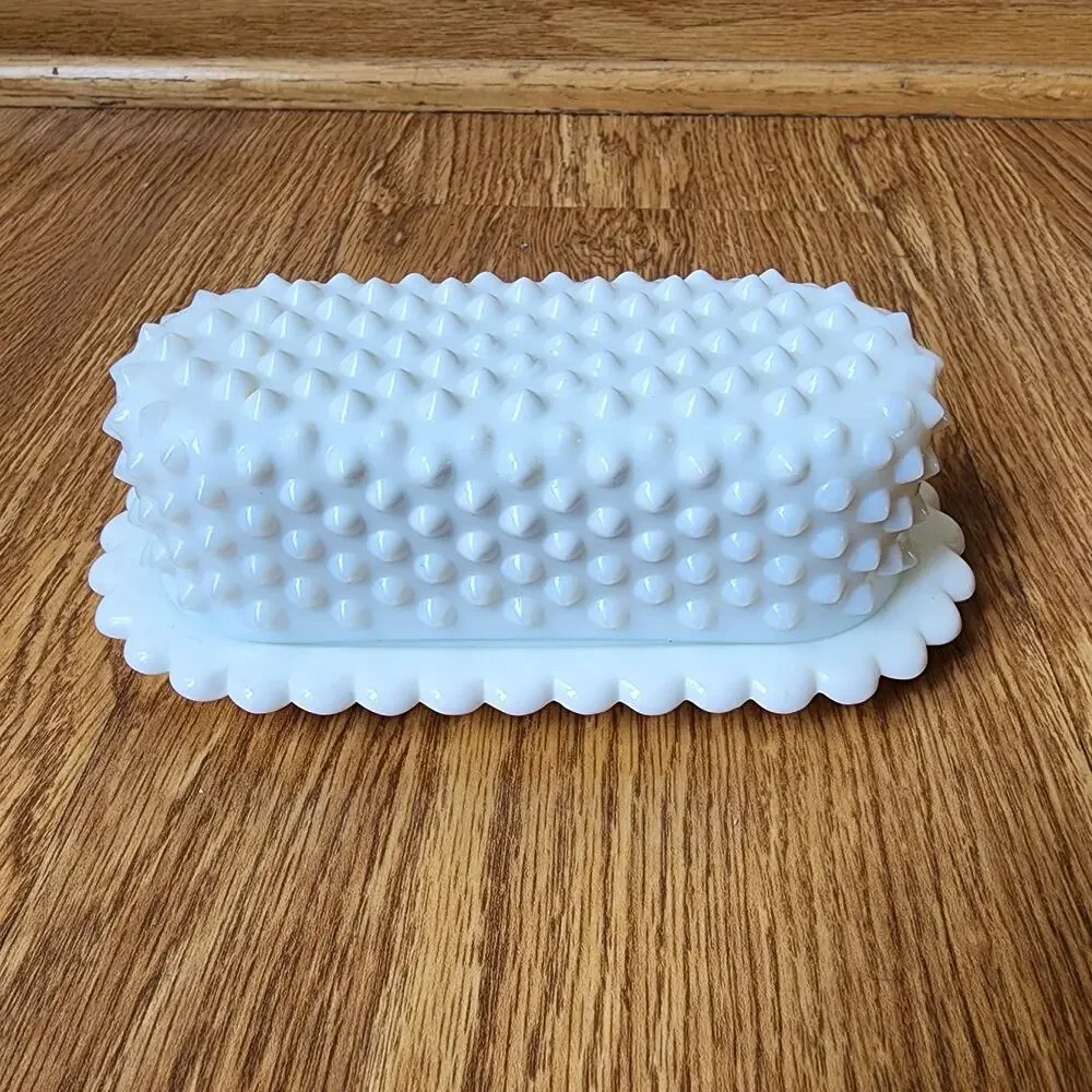 MCM Fenton Hobnail Milk Glass Covered Butter Dish White Mid Century Modern EUC